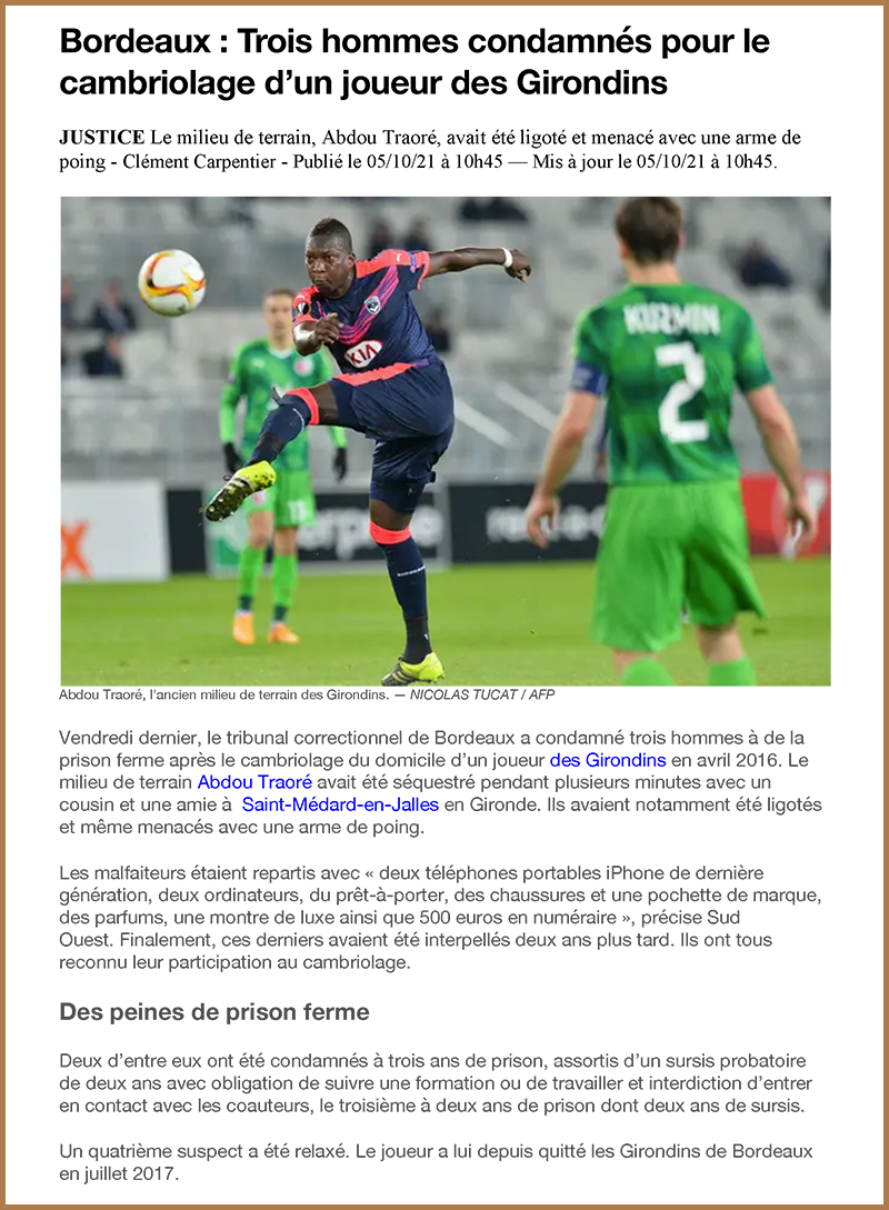 Bordeaux : Trois hommes condamnés pour le cambriolage d’un joueur des Girondins - Cabinet J Plouton
